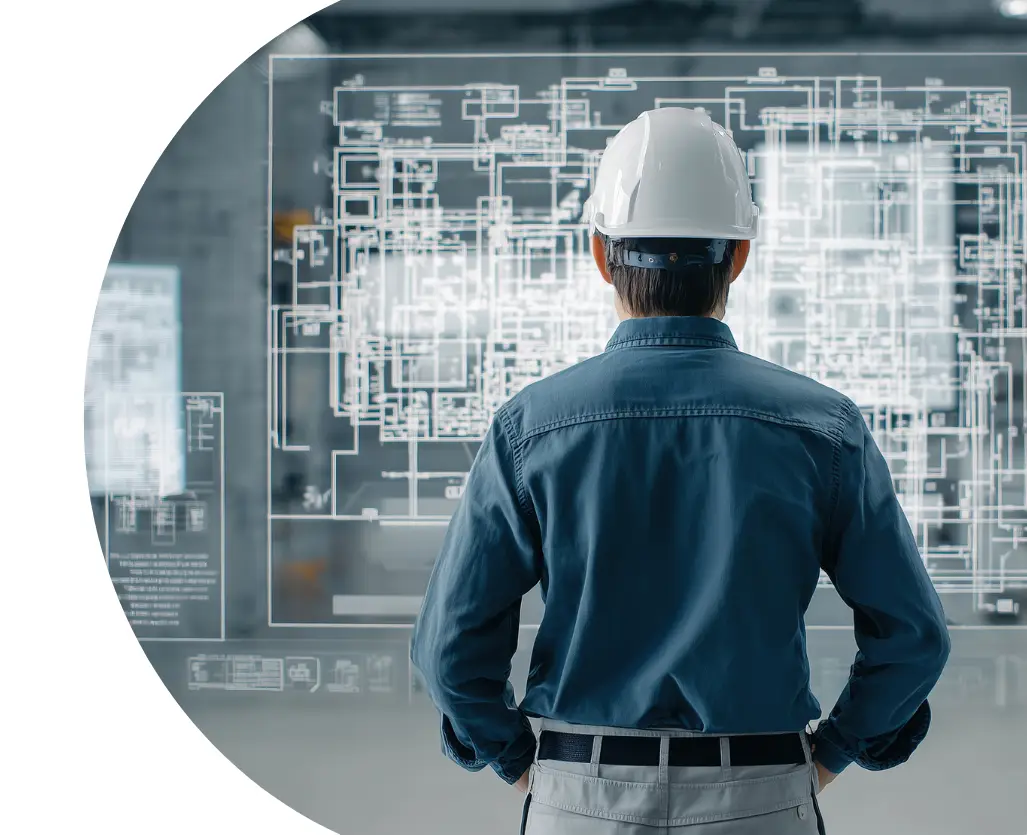 Engineer wearing a hard hat reviewing complex digital blueprints on a transparent screen.