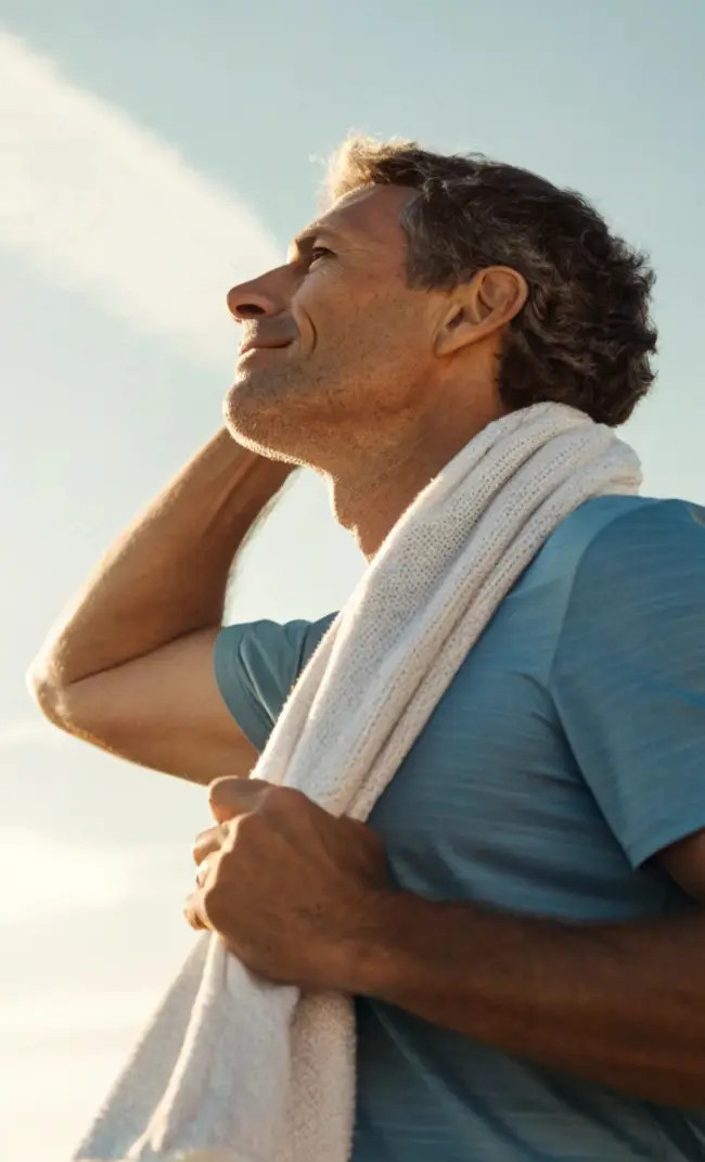 Man outdoors with towel over shoulder looking calm and energized in natural light.